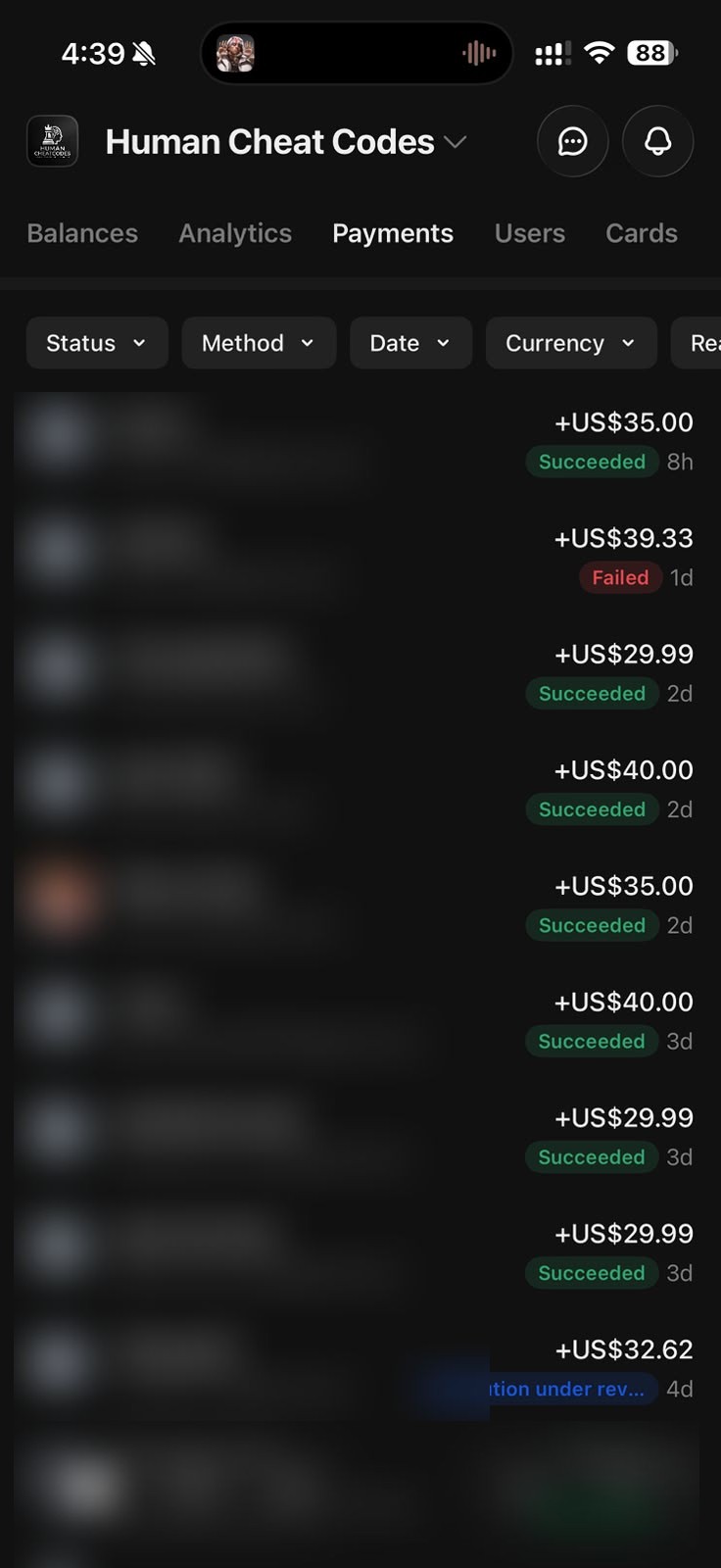 Payment dashboard showing successful orders between $29.99 and $40